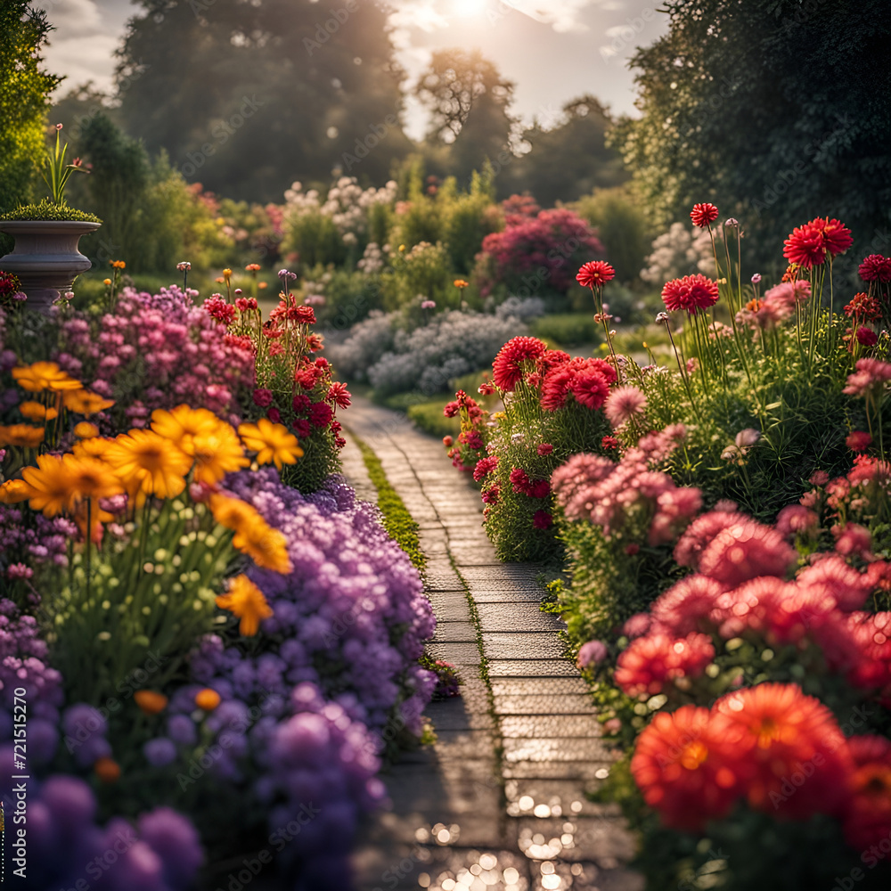 Nahaufnahme eines schönen Gartens voller bunter Blumen und Blüten an einem sonnigen Tag im Frühling oder Sommer nach einem Regen mit strahlendem Sonnenschein, Gärtnern, Park, gestalten