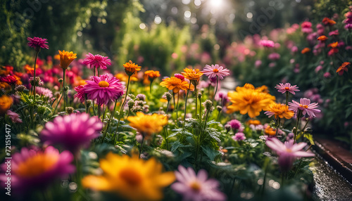 Nahaufnahme eines schönen Gartens voller bunter Blumen und Blüten an einem sonnigen Tag im Frühling oder Sommer nach einem Regen mit strahlendem Sonnenschein, Gärtnern, Park, gestalten