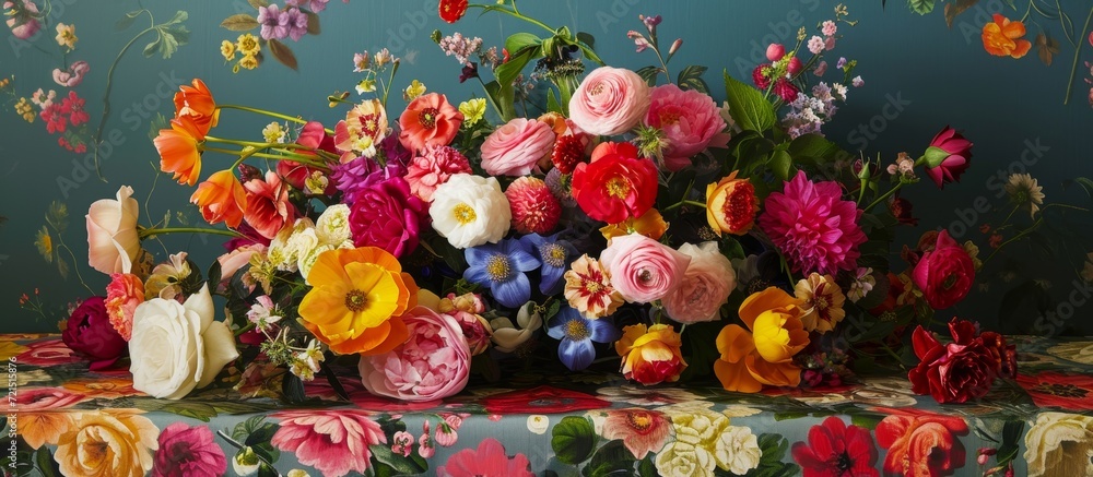 Blooming Beauty: A Colorful Flower Table atop a Floral-tableclothed Table