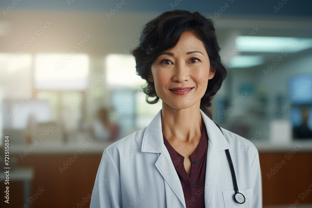 Mature asian women doctor smiling. Asian women doctor. World of Medicine. Personal care profession. Medical studies. China. Japan. AI.