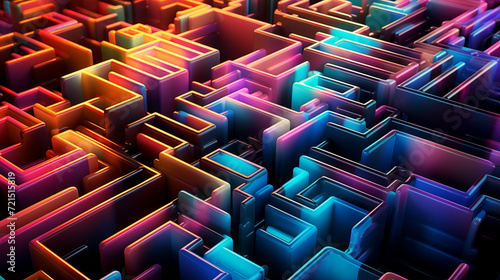 Abstract 3D maze with pathways lit by a spectrum of colors
