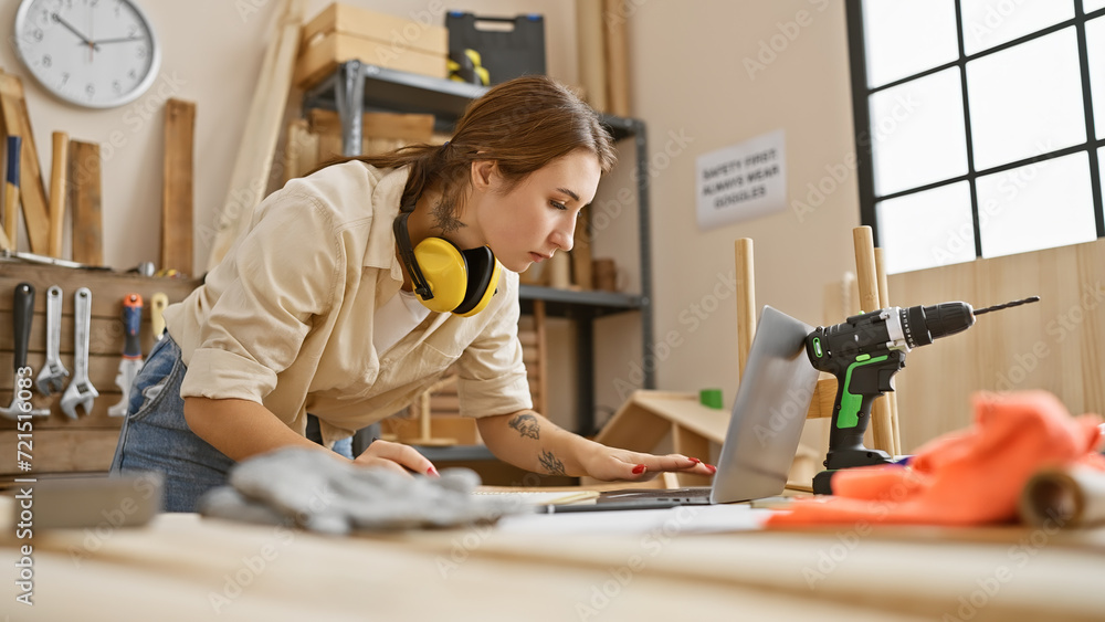 Focused woman using laptop in a carpentry workshop with tools and wood, embodying a capable artisan atmosphere. Focused woman using laptop in a carpentry workshop with tools and wood, embodying a capable artisan atmosphere.