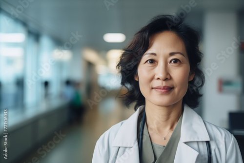Mature asian women doctor smiling. Asian women doctor. World of Medicine. Personal care profession. Medical studies. China. Japan. AI.