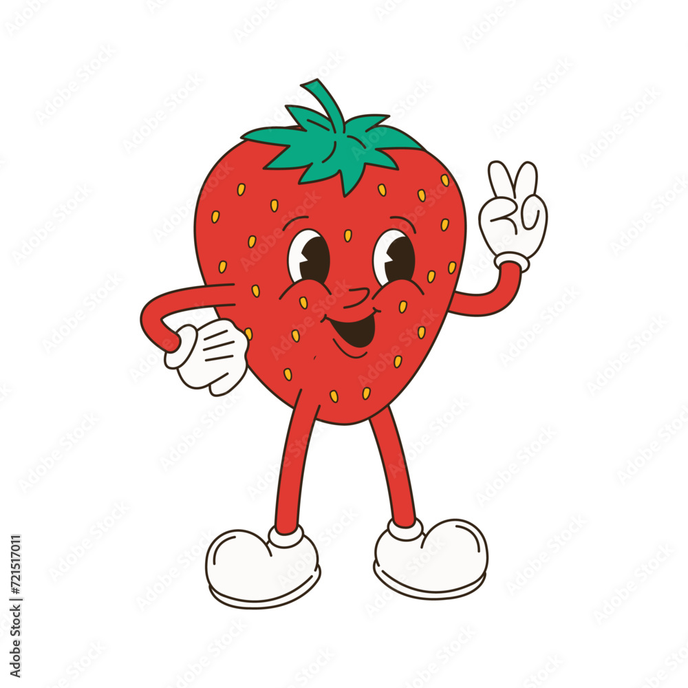 Fototapeta premium Retro Cartoon Character Fruit Set. Vector Funny Illustration with Banana, Cherry, Lemon, Strawberry, Watermelon 