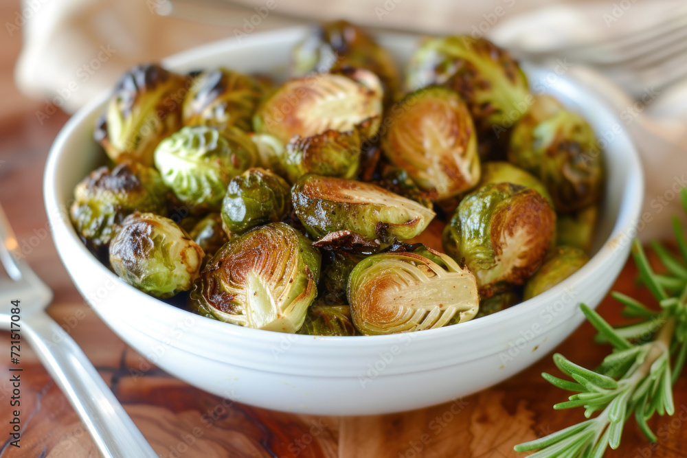 Bowl of roasted Brussels sprouts with fresh rosemary.
