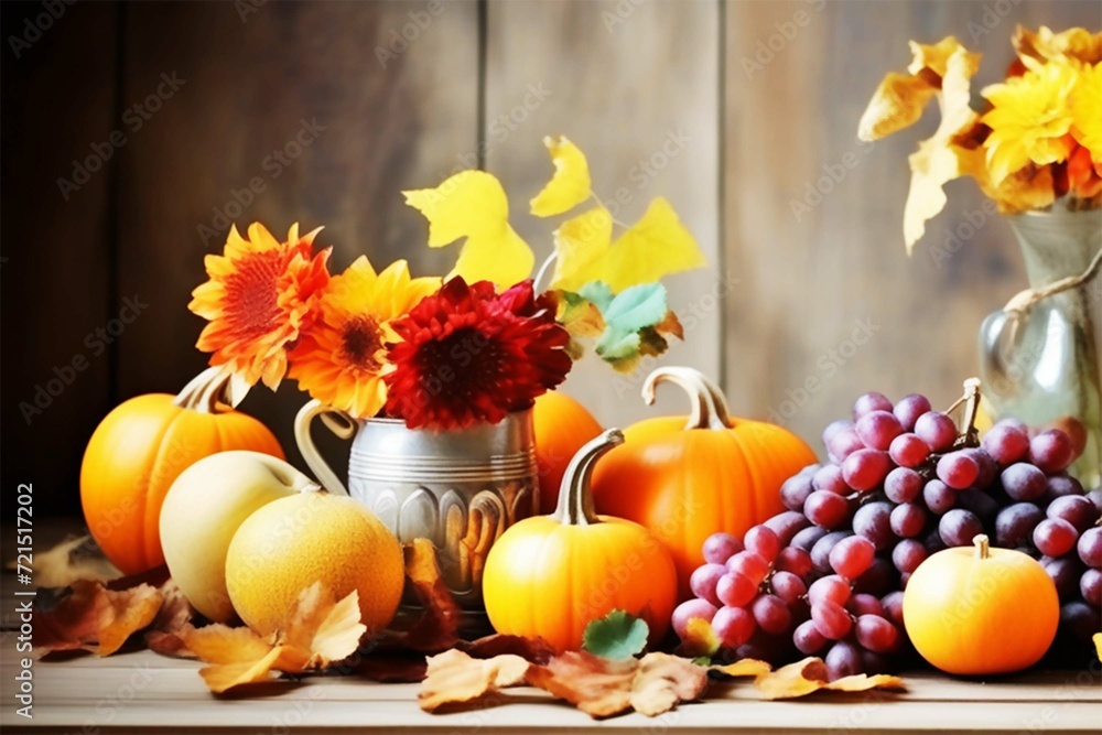 Yellow and orange flowers, leaves, ripe fruits and vegetables on a brown wooden background. Beautiful autumn composition.