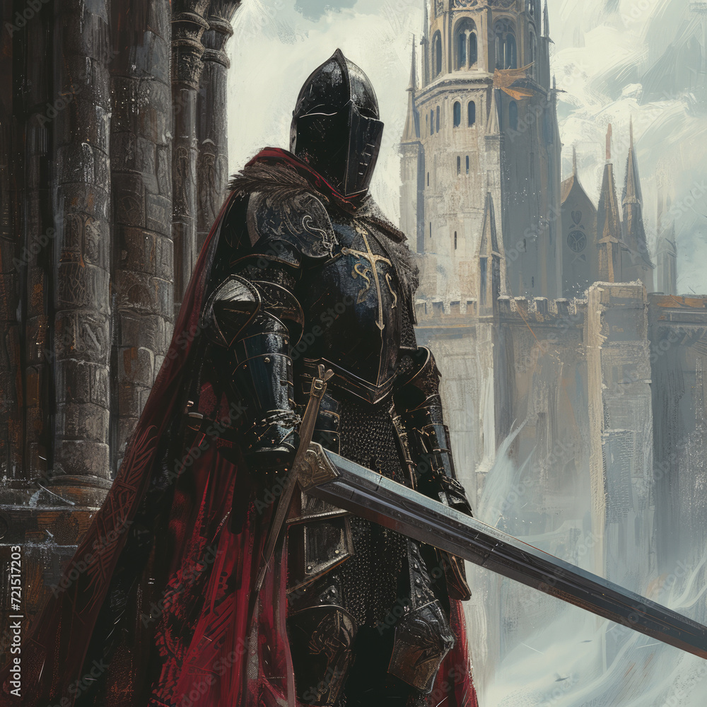 Crusader knight with a sword against the backdrop of an ancient castle ...