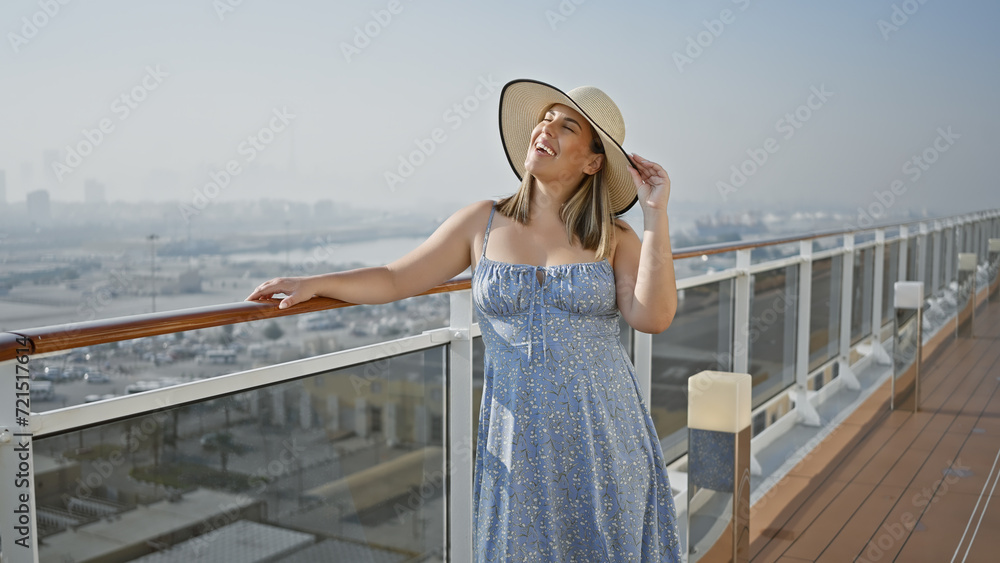 A cheerful young woman enjoys sunshine on a cruise ship deck overlooking the ocean.