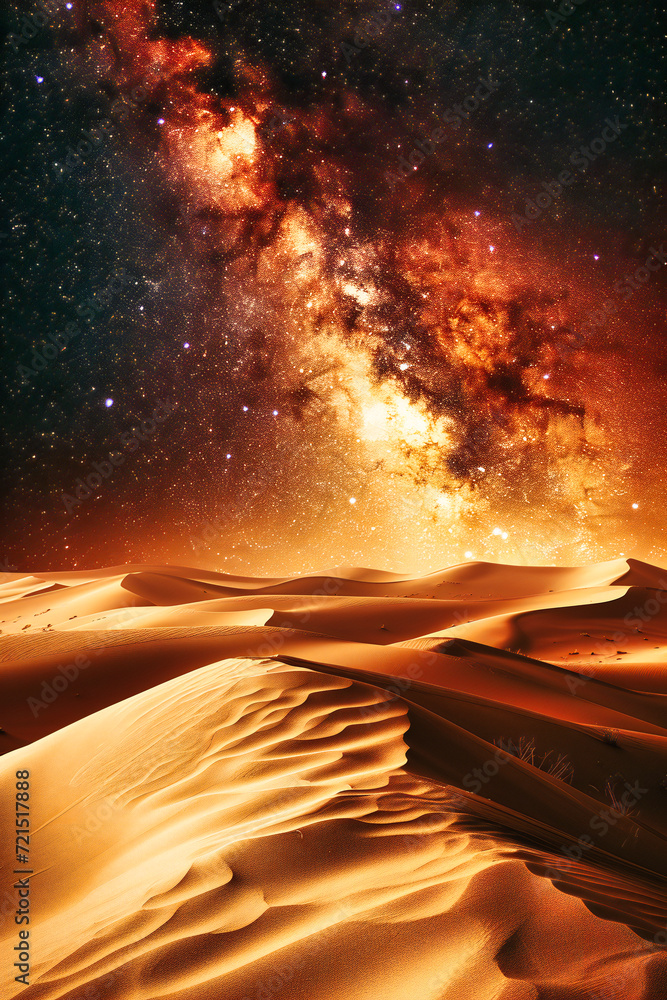 Desert Night Landscape, Starry Sky over Sand Dunes, Adventure and Wilderness