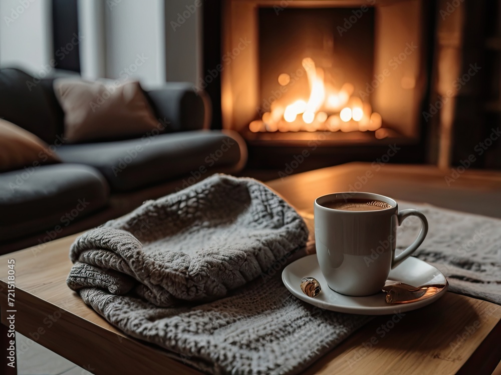 A cozy fireplace with a cup of coffee on the table A cozy fireplace with a cup of coffee on the table