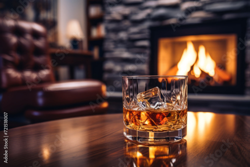 Glass of cognac or whiskey. Blur burning fireplace background.