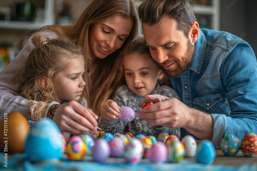 Loving family marvels at the vibrant easter eggs with their toddler and baby, dressed in colorful clothing, playing with a ball indoors Loving family marvels at the vibrant easter eggs with their toddler and baby, dressed in colorful clothing, playing with a ball indoors