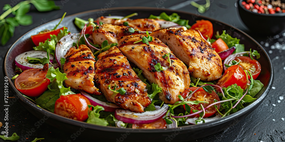 Grilled chicken breast, fillet and fresh vegetable salad. Healthy lunch menu. Fried chicken fillet with salad of tomatoes, red onions and lettuce. Side view. Grilled chicken breast, fillet and fresh vegetable salad. Healthy lunch menu. Fried chicken fillet with salad of tomatoes, red onions and lettuce. Side view.
