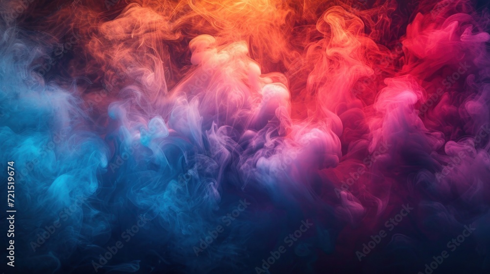 colorful Smoke on Black Background, professional color grading, soft shadows, no contrast, A rich tapestry of colorful smoke, with blue, red, and pink hues swirling together in a vibrant and intense 
