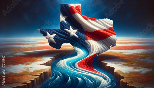 A vibrant image of the American flag with a map of Texas seamlessly integrated into the stripes, showcasing the state's geography in detail and artistically. American flag with a map of Texas close-up