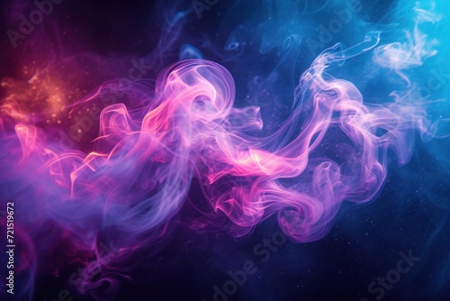 abstract colorful smoke background, banner. Ethereal wisps of smoke in magenta and indigo curl fluidly, dotted with celestial dust that glitters in the ether..
