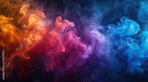 colorful Smoke on Black Background, Vibrant swirls of magenta, purple, and blue smoke create a dynamic and abstract vision against a dark backdrop..