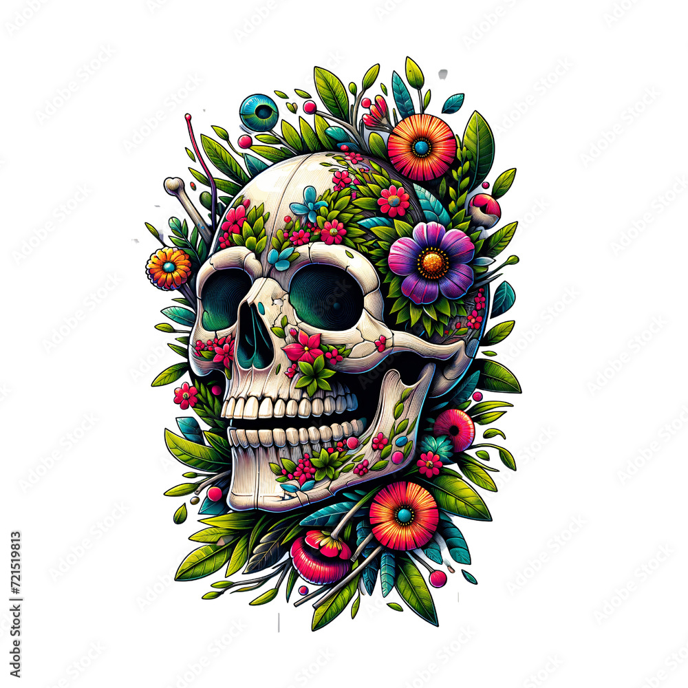 Skull and floral, flowers and plants interlace with the stark bone structure, PNG Transpatrent, Tattoo and Texture
