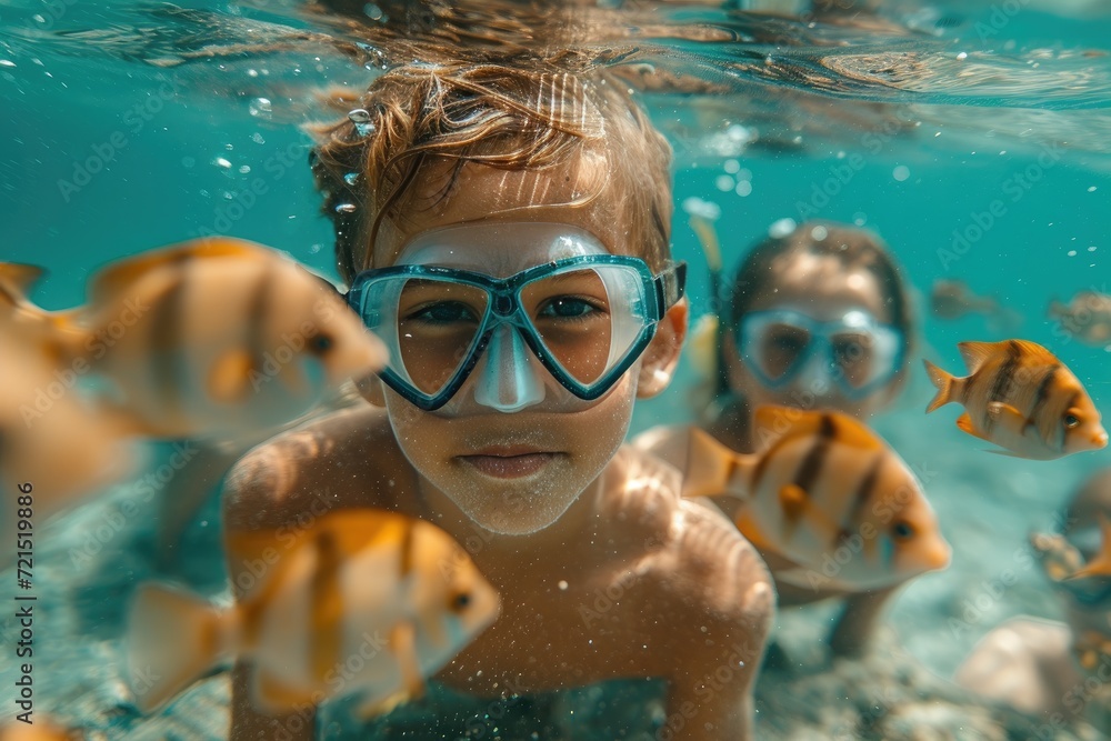 Two young swimmers embrace the serenity of the ocean, surrounded by playful fish and the weightless freedom of underwater exploration