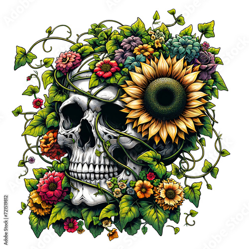 Skull and floral, flowers and plants interlace with the stark bone structure, PNG Transpatrent, Tattoo and Texture