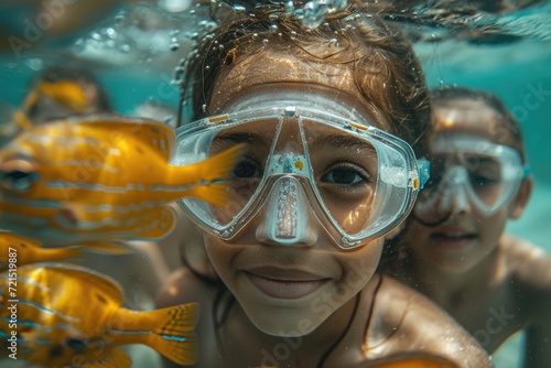 Immersed in the depths, a girl gazes through her goggles at the mesmerizing world of fish and water as she dives with grace and wonder
