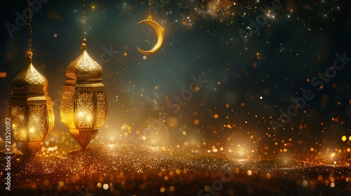 Elegant Ramadan Lanterns and Crescent Moon Decoration. Generative ai