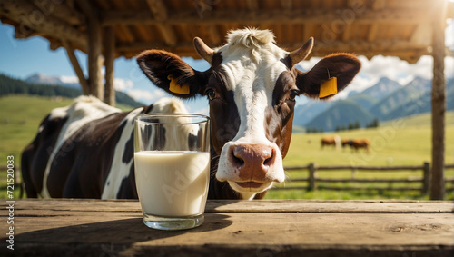 A glass of milk stands on the background of a cow and a mountain landscape at sunset.