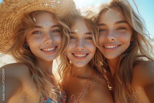 A joyful group of fashionable ladies with sun hats and long hair strike a pose for a fun outdoor selfie, radiating happiness and summer vibes at the beach