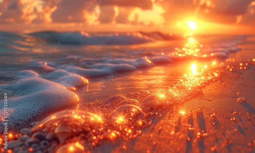 The amber sun sets over the ocean, casting a warm glow on the rippling waves as the sky transforms from a bright blue to a deep orange, creating a serene and picturesque scene on the sandy beach