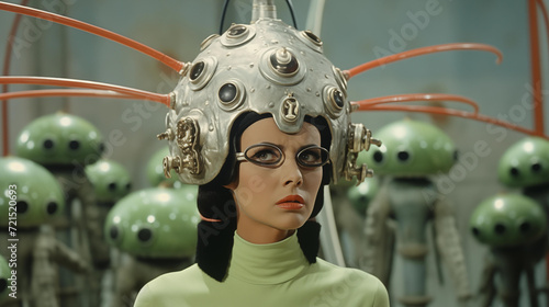 Woman in helmet in wacky Italian sci-fi movie from the 1960s