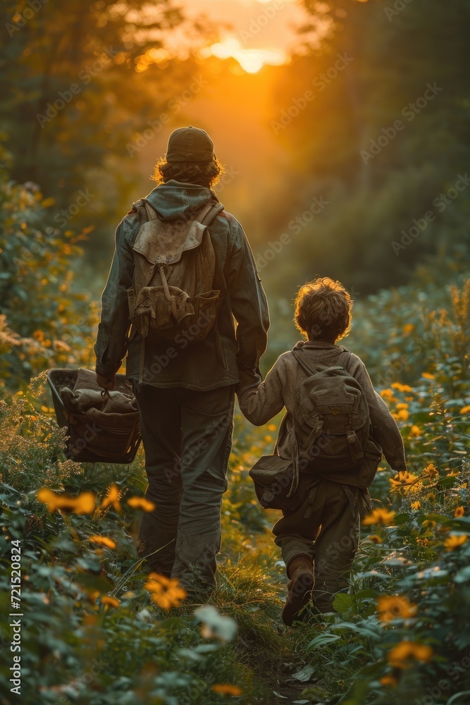 As the golden sun sets behind them, a father and his son wander through a vibrant field of flowers, their clothing blending with the surrounding nature as they embark on a peaceful hike