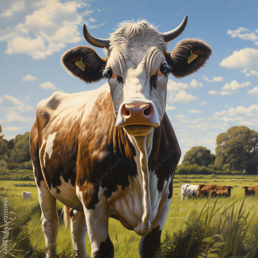 Portrait of a cow in her natural habitat in cartoon style