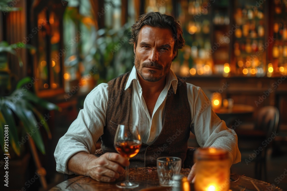 A stylish man sits at an indoor table, dressed in elegant clothing and sipping on a glass of wine, as the warm glow of a candle illuminates his contemplative human face