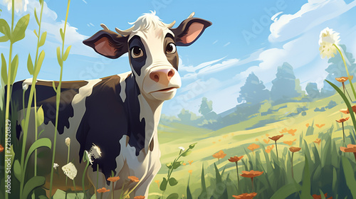 Portrait of a cow in her natural habitat in cartoon style