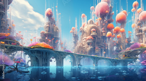 Surreal underwater city with abstract and colorful architecture