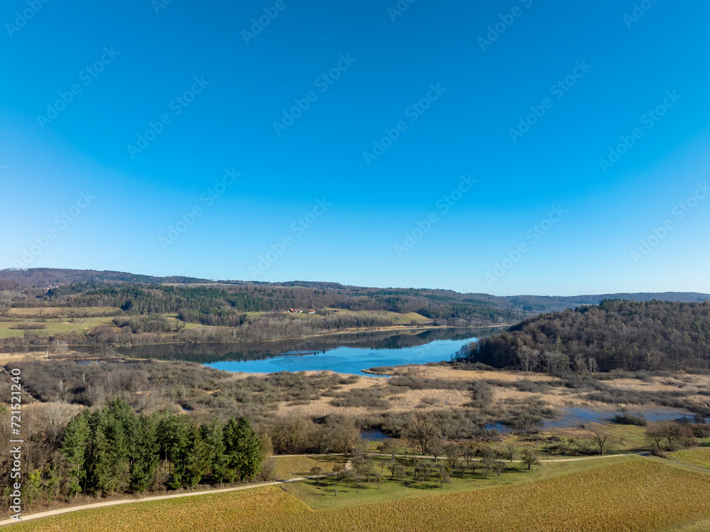 Fototapeta premium Luftbild vom Mindelsee, ein Gletscherzungensee auf dem Bodanrück