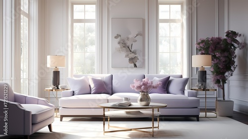 A serene living room with a lavender couch complemented by soft, neutral-toned furnishings and an abundance of natural light pouring in from large windows. © Nature Lover
