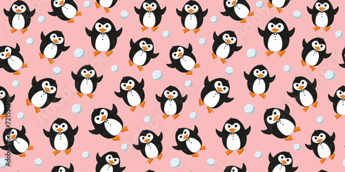 Pattern penguin, hearts, snowballs. Valentine's Day, love. Antarctic animal, polar bird. World Penguin Day. Vector seamless background.