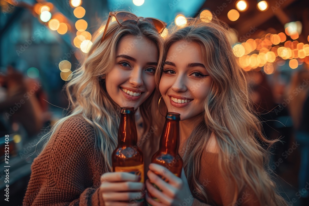 Two happy women capture a moment of friendship and celebration as they pose for a picture, their faces glowing with genuine smiles while holding bottles of their favorite drinks, their stylish outdoo Two happy women capture a moment of friendship and celebration as they pose for a picture, their faces glowing with genuine smiles while holding bottles of their favorite drinks, their stylish outdoo