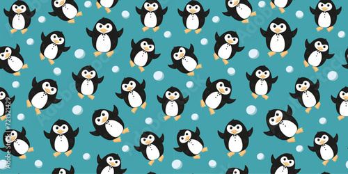 Cartoon penguin pattern. Character, Antarctic animal, polar bird, snow. Vector flat cartoon illustration. World Penguin Day. Seamless background.