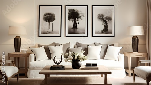 A serene living space with a cream-colored loveseat, a wooden coffee table, and a gallery wall showcasing black and white photography, creating a timeless elegance. © Nature Lover