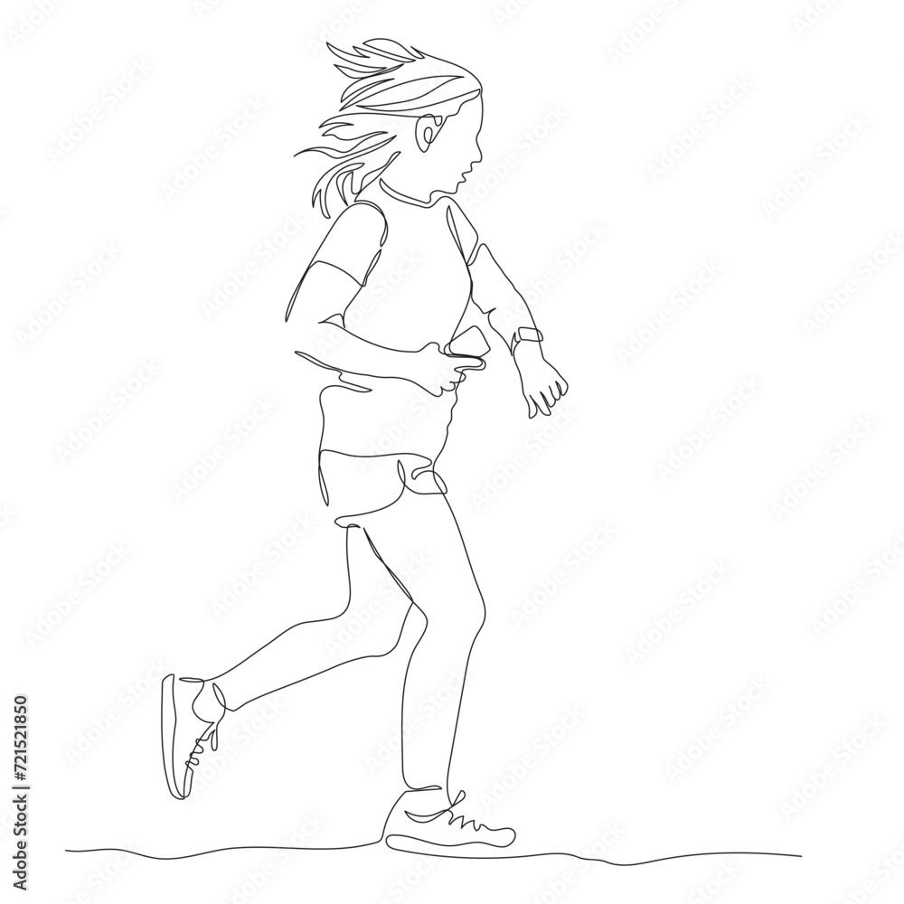 Woman jogging and checking her smart watch. Holding mobile phone. Continuous line drawing. Hand drawn vector illustration in line art style.