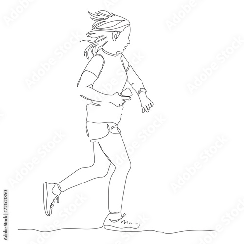Woman jogging and checking her smart watch. Holding mobile phone. Continuous line drawing. Hand drawn vector illustration in line art style. © Yulia