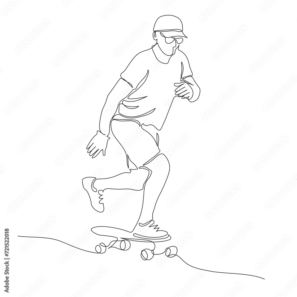 Man skateboarding. Wear gloves, cap, glasses. Continuous line drawing. Black and white vector illustration in line art style. Man skateboarding. Wear gloves, cap, glasses. Continuous line drawing. Black and white vector illustration in line art style.