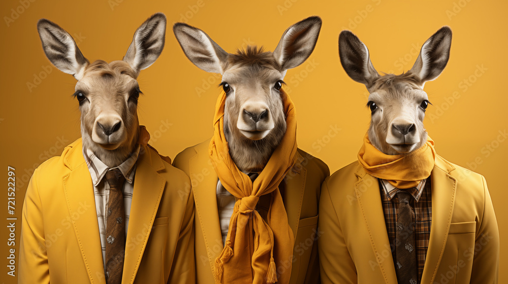 Funny kangaroo team group dressed in yellow suits