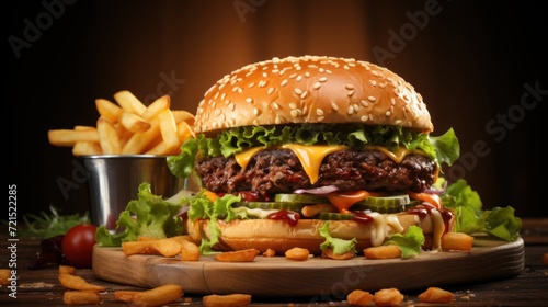 french fries and delicious veg burger combo UHD Wallpaper