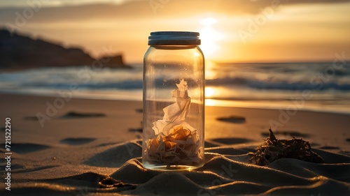 Bottle on the beach at sunset