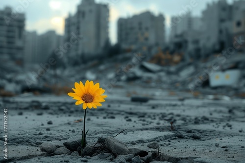 Resilient Bloom: Tiny Yellow Flower in Desolate Cityscape. Generative ai © Andrii