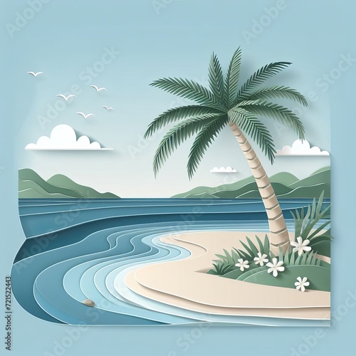Summer sunlight sea the hottest season water waves paper craft style, Generative Ai