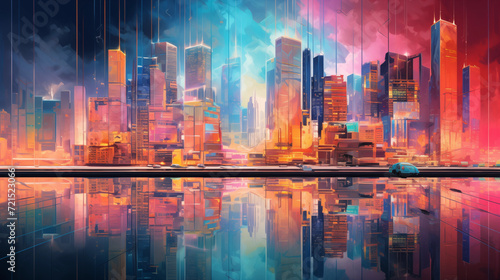 Neon-lit city skyline reflected in a glassy and colorful surface